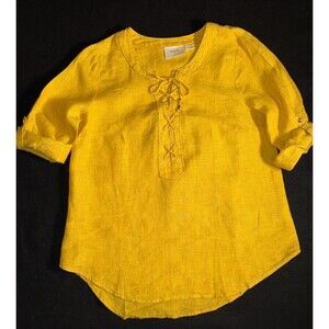 Maeve By Anthropologie Womens Mustard Yellow Marva Lace Up Linen Blouse Size 4
